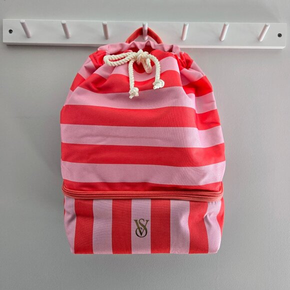 Victoria’s Secret Pink and Red Stripe Drawstring Cooler Backpack New With Tags - Picture 1 of 17